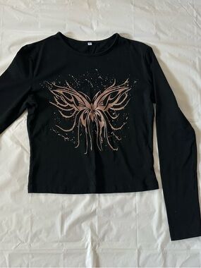 Black Long-Sleeve Women's Top with Butterfly Graphic